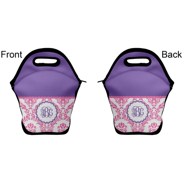 Pink, White & Purple Damask Lunch Bag - Front and Back