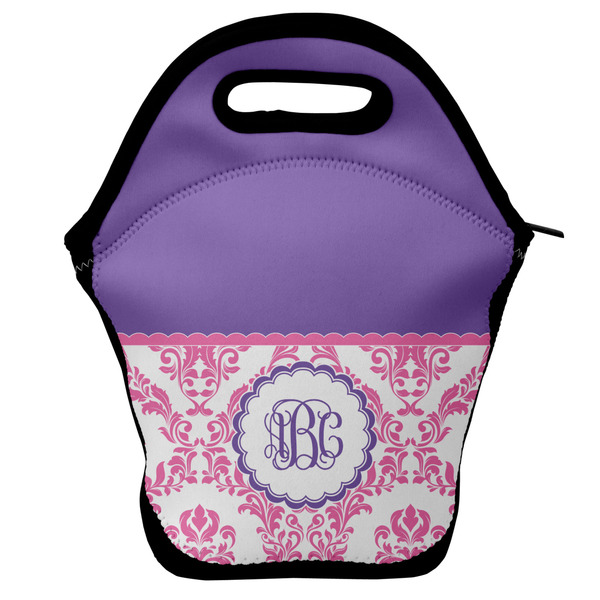 Custom Pink, White & Purple Damask Lunch Bag w/ Monogram