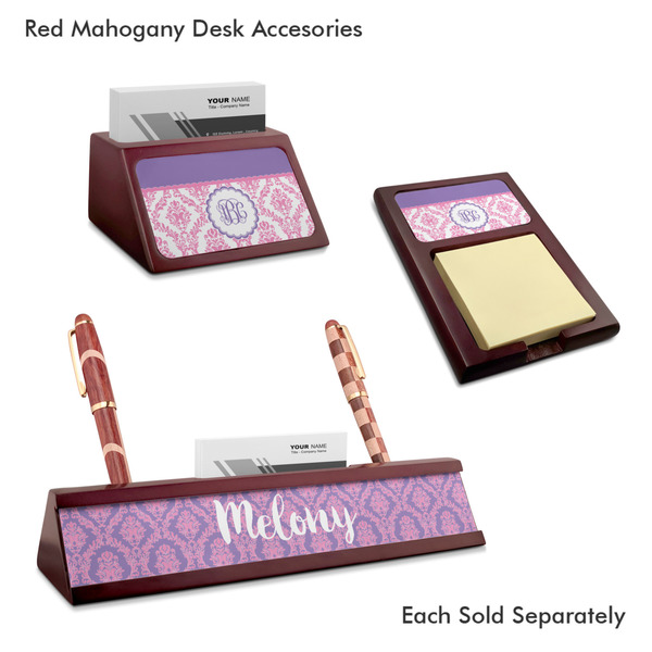 Pink, White & Purple Damask Mahogany Desk Accessories