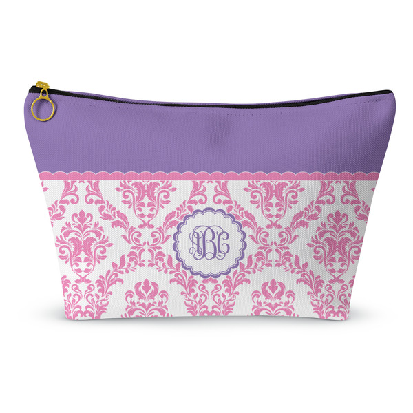 Custom Pink, White & Purple Damask Makeup Bag - Large - 12.5"x7" (Personalized)