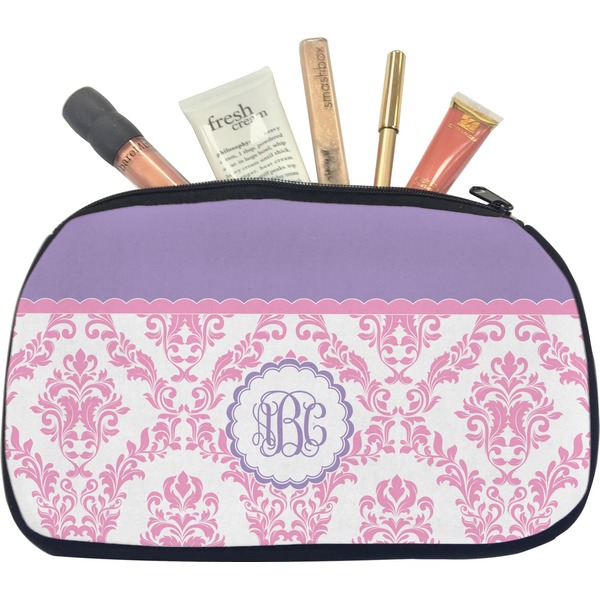 Custom Pink, White & Purple Damask Makeup / Cosmetic Bag - Medium (Personalized)