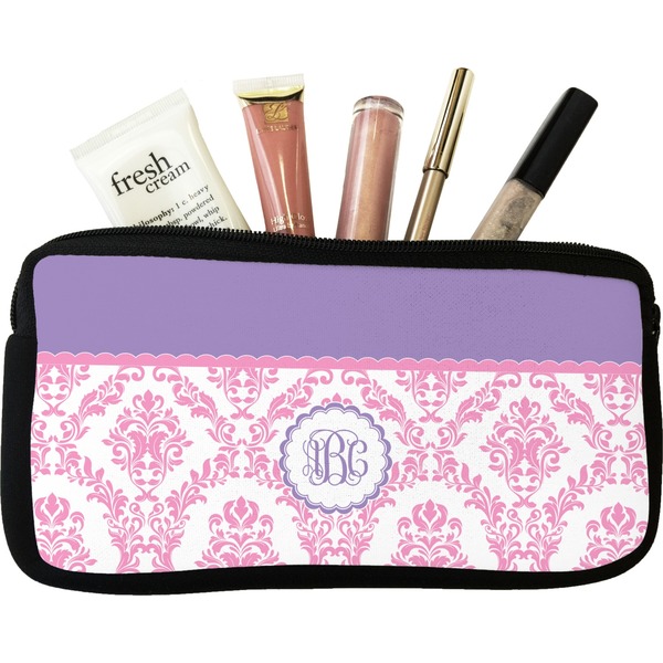 Custom Pink, White & Purple Damask Makeup / Cosmetic Bag - Small (Personalized)