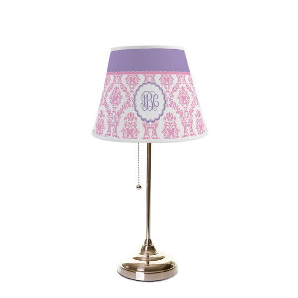 Pink, White & Purple Damask Poly Film Empire Lampshade - On Stand