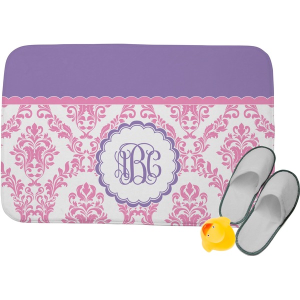 Custom Pink, White & Purple Damask Memory Foam Bath Mat (Personalized)