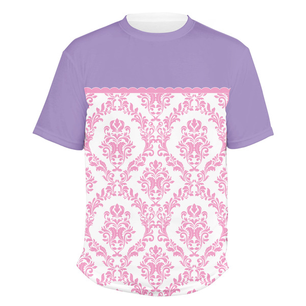 Custom Pink, White & Purple Damask Men's Crew T-Shirt - 2X Large
