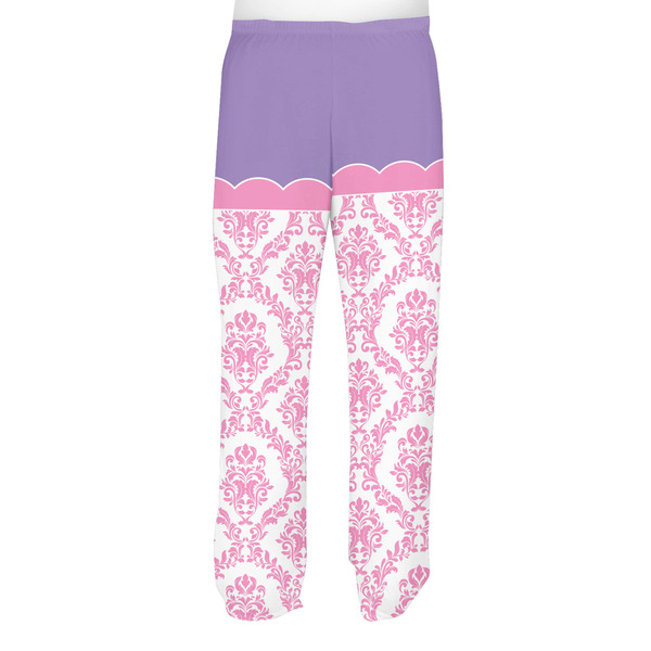 Pink, White & Purple Damask Men's Pjs Back - on model