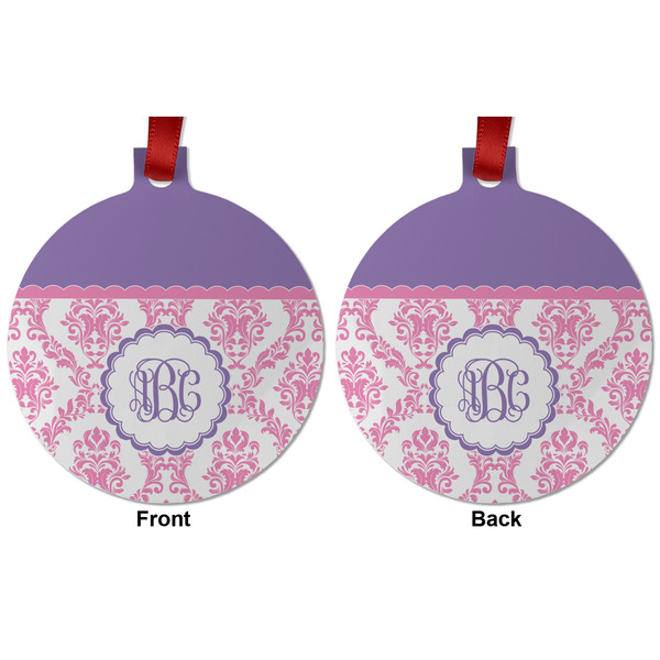 Pink, White & Purple Damask Metal Ball Ornament - Front and Back
