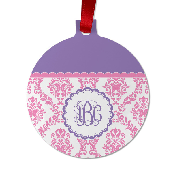 Custom Pink, White & Purple Damask Metal Ball Ornament - Double Sided w/ Monogram