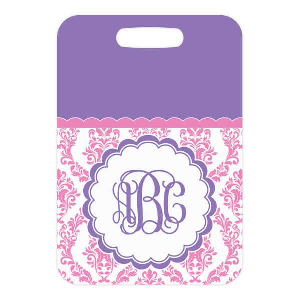 Pink, White & Purple Damask Metal Luggage Tag - Front Without Strap