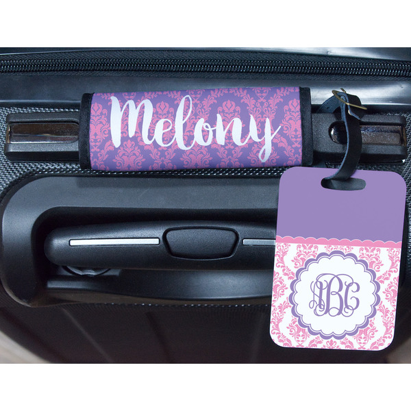Pink, White & Purple Damask Metal Luggage Tag & Handle Wrap - In Context