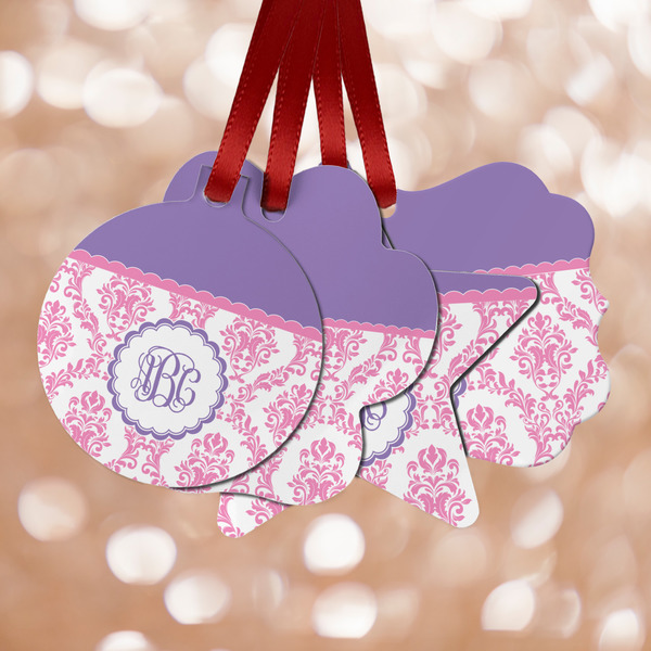 Custom Pink, White & Purple Damask Metal Ornaments - Double Sided w/ Monogram