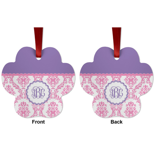 Pink, White & Purple Damask Metal Paw Ornament - Front and Back