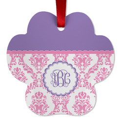 Pink, White & Purple Damask Metal Paw Ornament - Double Sided w/ Monogram