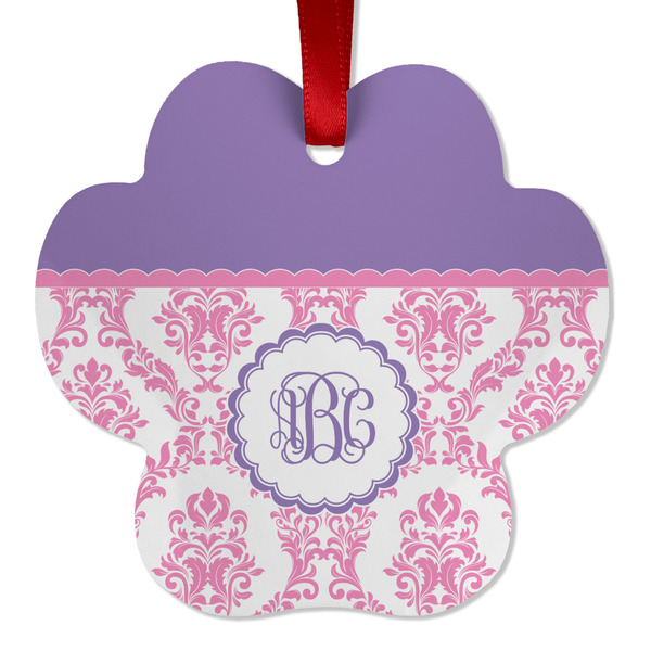 Custom Pink, White & Purple Damask Metal Paw Ornament - Double Sided w/ Monogram