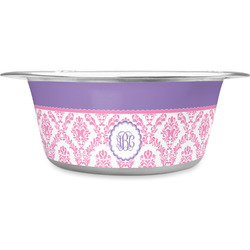 Pink, White & Purple Damask Stainless Steel Dog Bowl (Personalized)