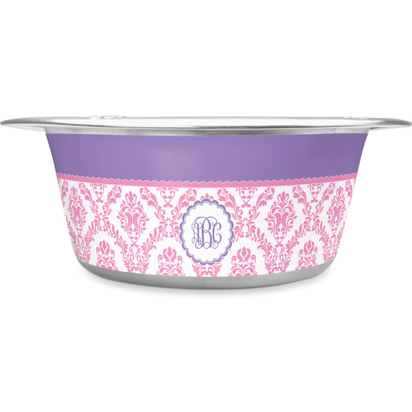 Custom Pink, White & Purple Damask Stainless Steel Dog Bowl - Large (Personalized)