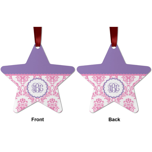 Pink, White & Purple Damask Metal Star Ornament - Front and Back