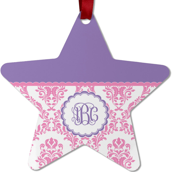 Custom Pink, White & Purple Damask Metal Star Ornament - Double Sided w/ Monogram