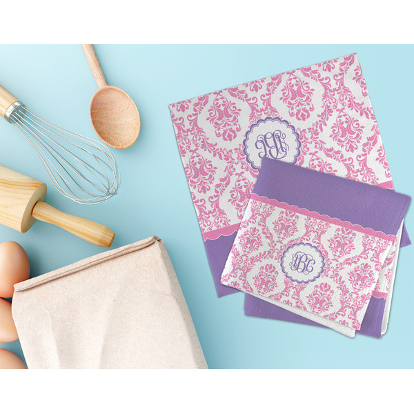 Pink, White & Purple Damask Microfiber Dish Rag - LIFESTYLE