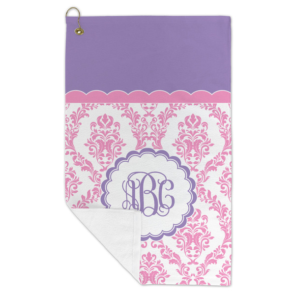 Pink, White & Purple Damask Microfiber Golf Towels - FOLD