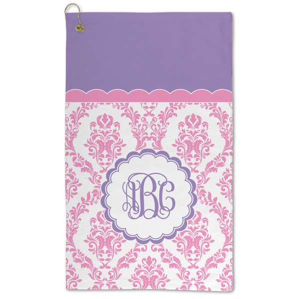 Custom Pink, White & Purple Damask Microfiber Golf Towel - Large (Personalized)
