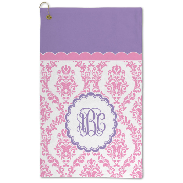 Custom Pink, White & Purple Damask Microfiber Golf Towel - Large (Personalized)
