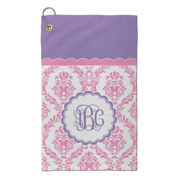 Custom Pink, White & Purple Damask Microfiber Golf Towel - Small (Personalized)