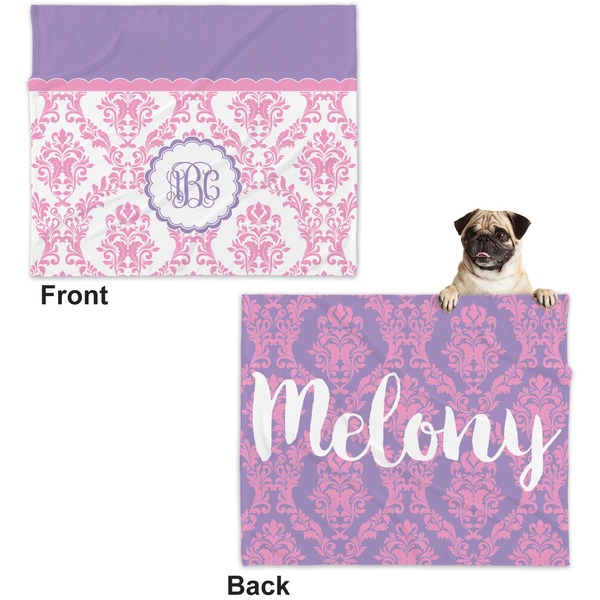 Pink, White & Purple Damask Microfleece Dog Blanket - Large- Front & Back