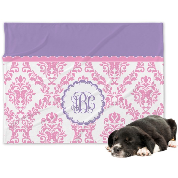 Custom Pink, White & Purple Damask Dog Blanket - Regular (Personalized)