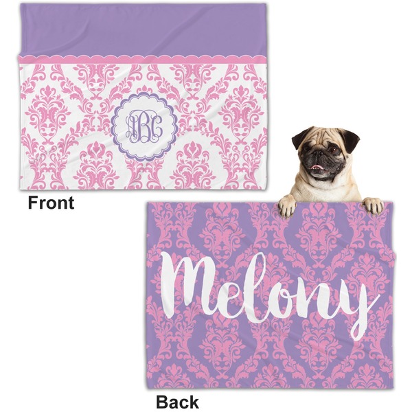 Pink, White & Purple Damask Microfleece Dog Blanket - Regular - Front & Back