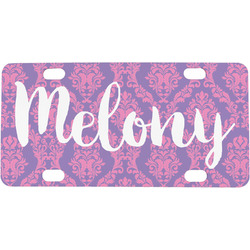 Pink, White & Purple Damask Mini / Bicycle License Plate (4 Holes) (Personalized)