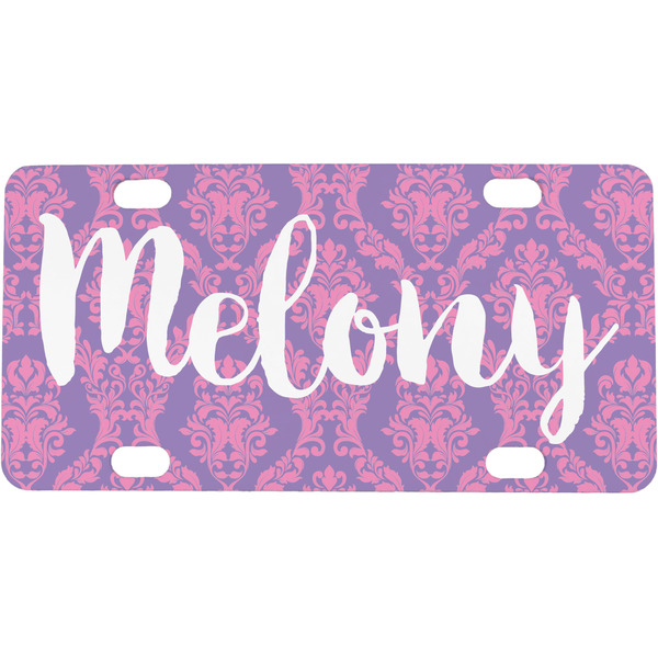 Custom Pink, White & Purple Damask Mini / Bicycle License Plate (4 Holes) (Personalized)