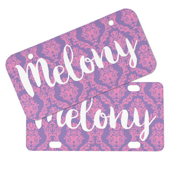 Pink, White & Purple Damask Mini License Plates - MAIN (4 and 2 Holes)
