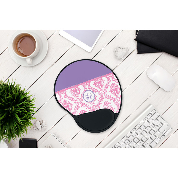 Pink, White & Purple Damask Mouse Pad with Wrist Rest - LIFESYTLE 1