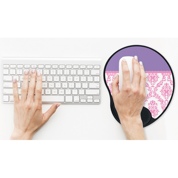 Pink, White & Purple Damask Mouse Pad with Wrist Rest - LIFESYTLE 2 (in use)