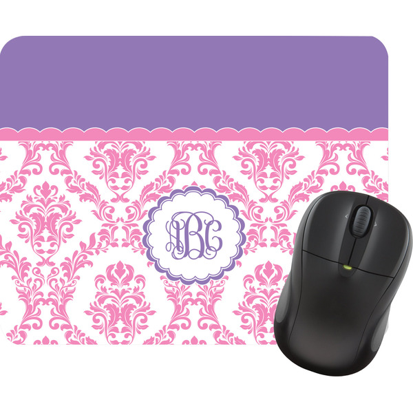 Custom Pink, White & Purple Damask Rectangular Mouse Pad (Personalized)