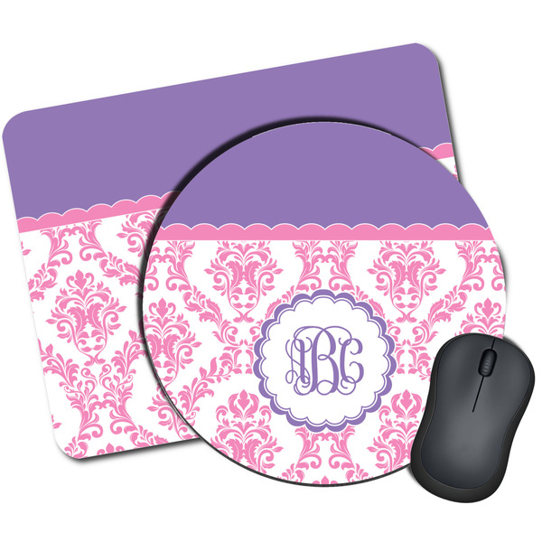 Custom Pink, White & Purple Damask Mouse Pad (Personalized)