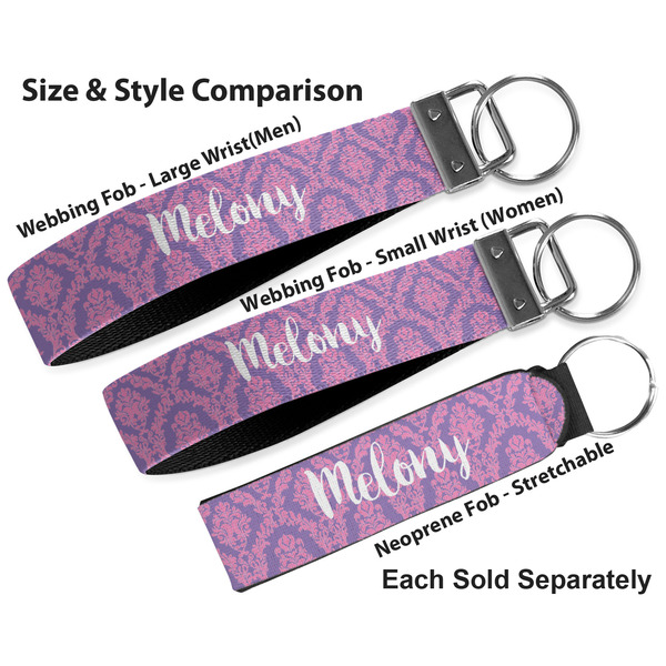 Pink, White & Purple Damask Multiple Key Ring comparison sizes