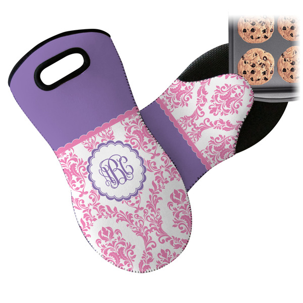 Pink, White & Purple Damask Neoprene Oven Mitt