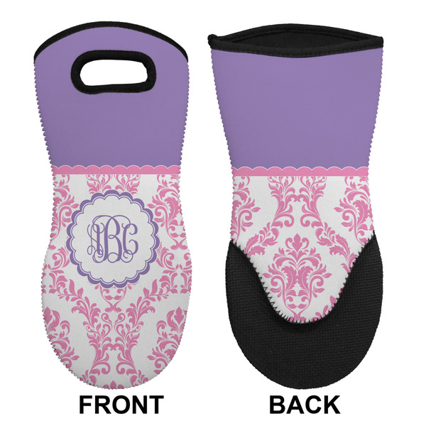 Pink, White & Purple Damask Neoprene Oven Mitt (Front & Back)