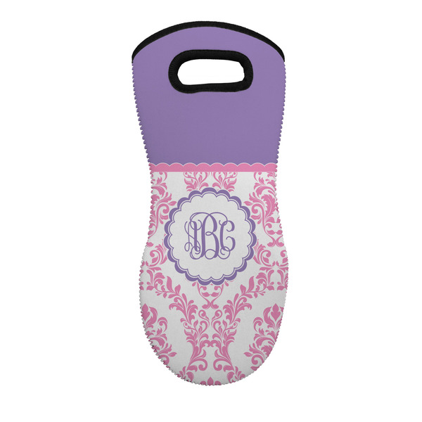 Custom Pink, White & Purple Damask Neoprene Oven Mitt - Single w/ Monogram