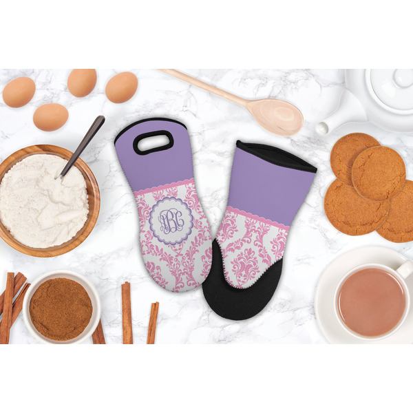 Pink, White & Purple Damask Neoprene Oven Mitt - Lifestyle Image