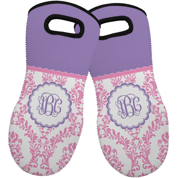Custom Pink, White & Purple Damask Neoprene Oven Mitts - Set of 2 w/ Monogram