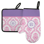 Pink, White & Purple Damask Left Oven Mitt & Pot Holder Set w/ Monogram
