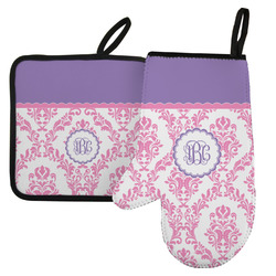 Pink, White & Purple Damask Left Oven Mitt & Pot Holder Set w/ Monogram