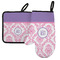 Pink, White & Purple Damask Left Oven Mitt & Pot Holder Set w/ Monogram