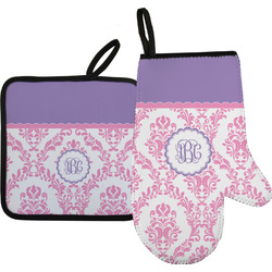 Pink, White & Purple Damask Right Oven Mitt & Pot Holder Set w/ Monogram