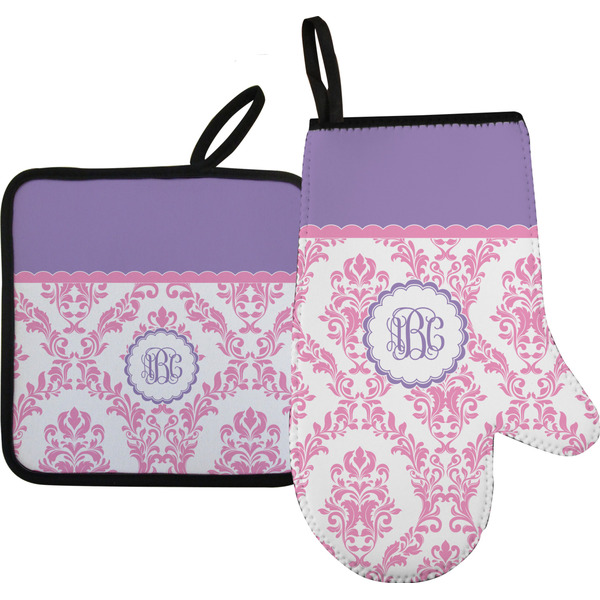Custom Pink, White & Purple Damask Right Oven Mitt & Pot Holder Set w/ Monogram