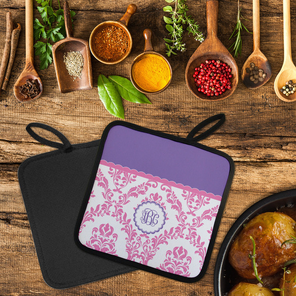 Pink, White & Purple Damask Neoprene Pot Holder - Set of 2  LIFESTYLE (Flatlay)
