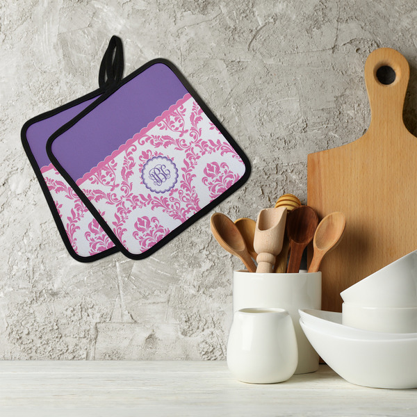 Pink, White & Purple Damask Neoprene Pot Holder - Set of 2  LIFESTYLE